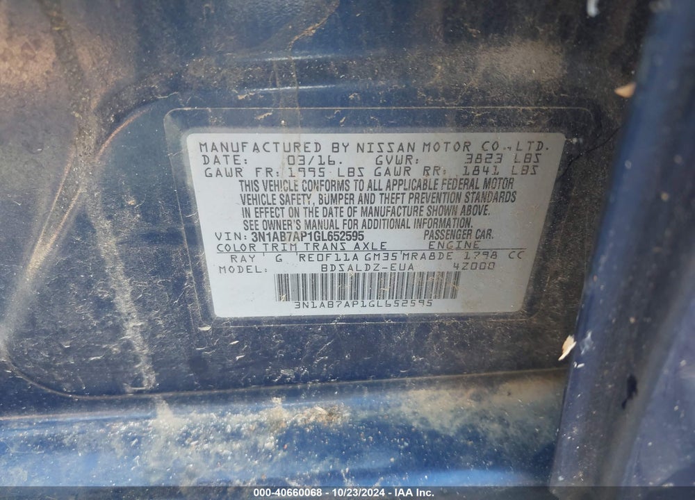 2016 NISSAN SENTRA VIN: 3N1AB7AP1GL652595