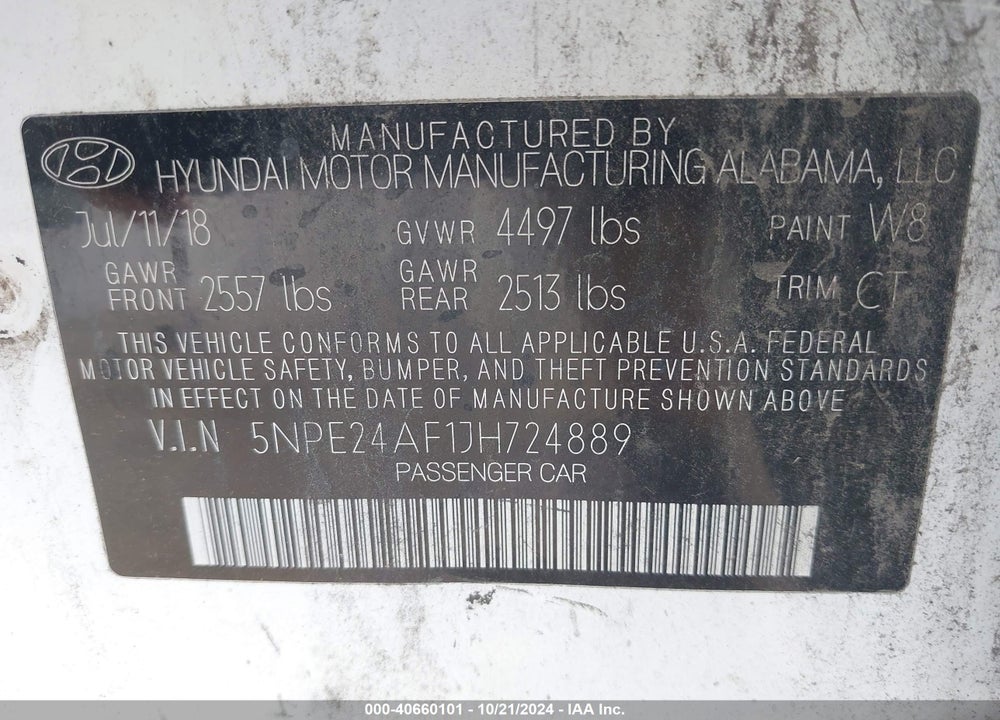 2018 HYUNDAI SONATA VIN: 5NPE24AF1JH724889