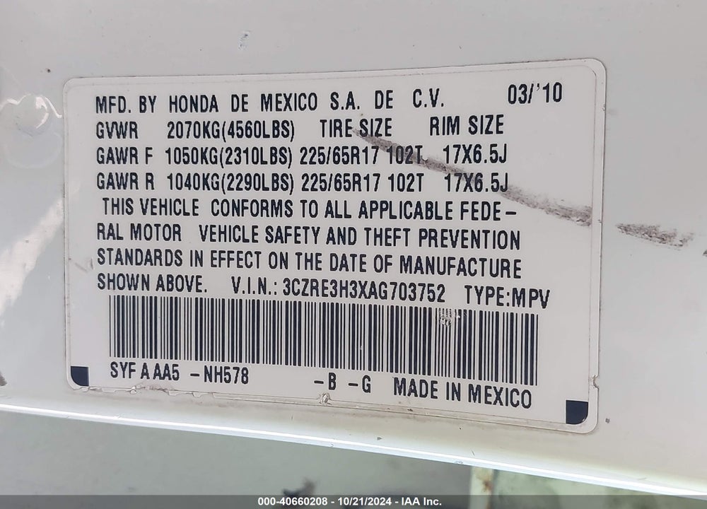 2010 HONDA CR-V LX VIN: 3CZRE3H3XAG703752