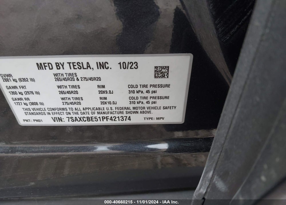 2023 TESLA MODEL X DUAL MOTOR ALL-WHEEL DRIVE/STANDARD RANGE VIN: 7SAXCBE51PF421374