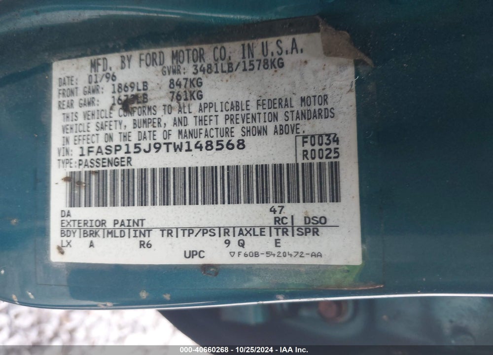 1996 FORD ESCORT LX VIN: 1FASP15J9TW148568