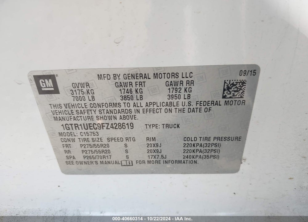 2015 GMC SIERRA 1500 SLE VIN: 1GTR1UEC9FZ428619