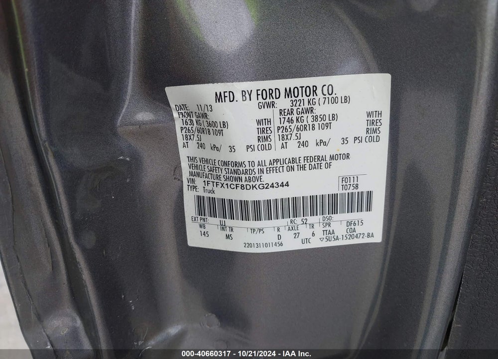 2013 FORD F-150 XLT VIN: 1FTFX1CF8DKG24344