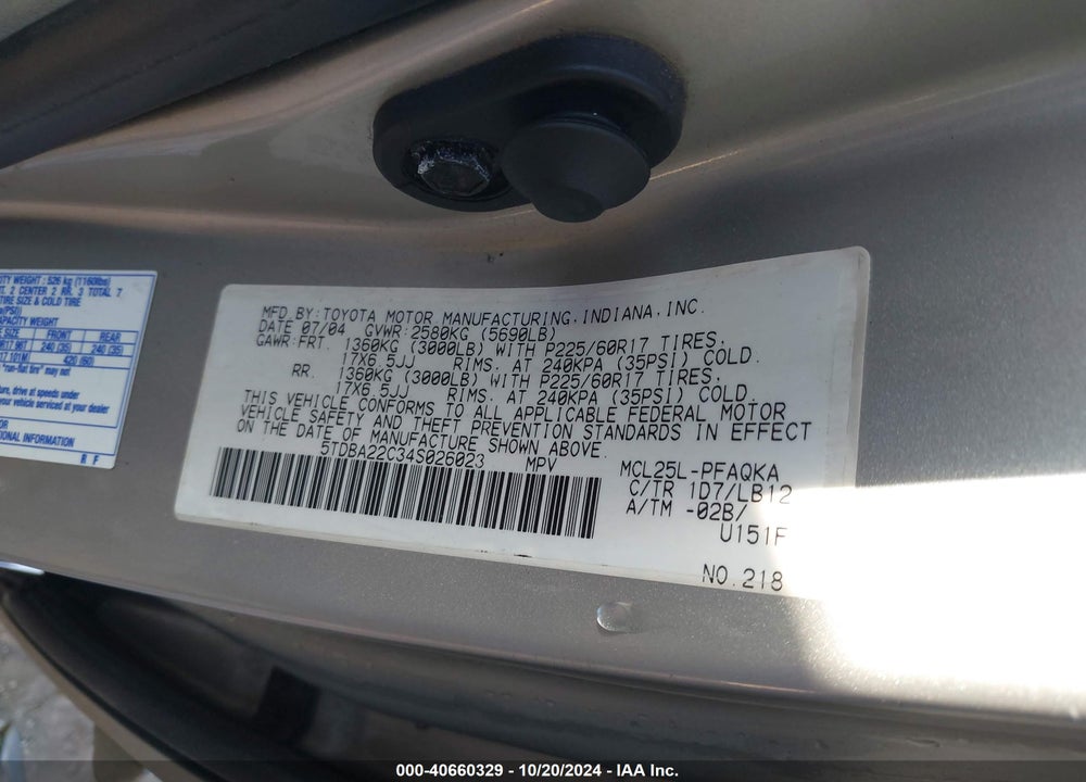 2004 TOYOTA SIENNA XLE LIMITED VIN: 5TDBA22C34S026023
