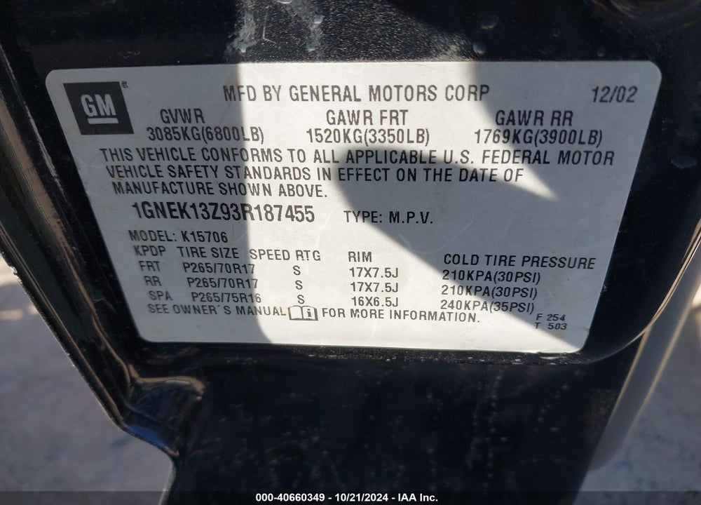 2003 CHEVROLET TAHOE Z71 VIN: 1GNEK13Z93R187455