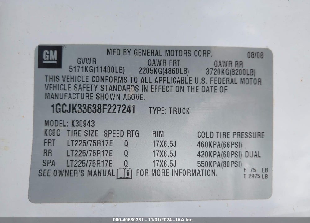 2008 CHEVROLET SILVERADO 3500HD WORK TRUCK VIN: 1GCJK33638F227241