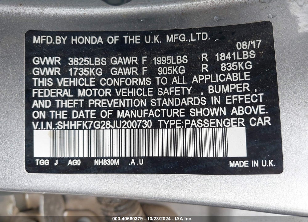 2018 HONDA CIVIC LX VIN: SHHFK7G28JU200730