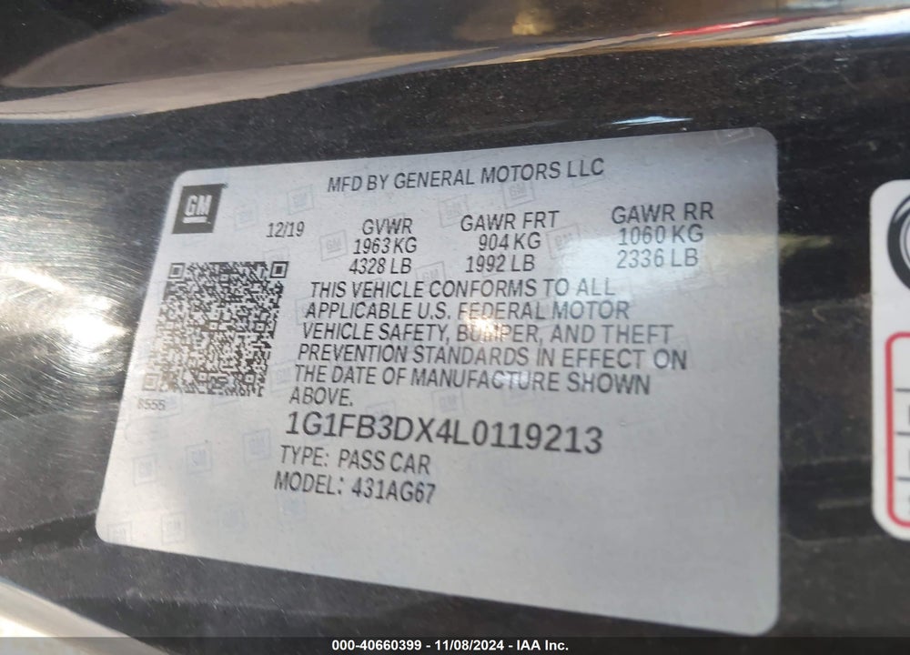 2020 CHEVROLET CAMARO VIN: 1G1FB3DX4L0119213