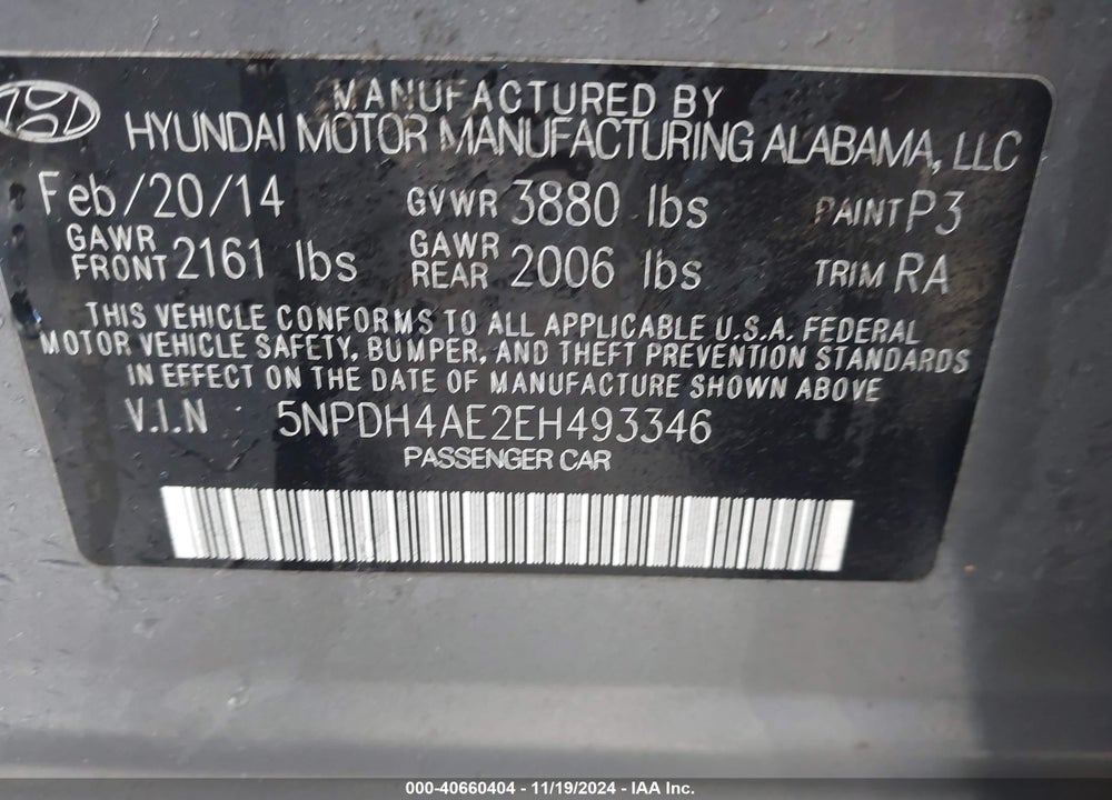 2014 HYUNDAI ELANTRA SE VIN: 5NPDH4AE2EH493346