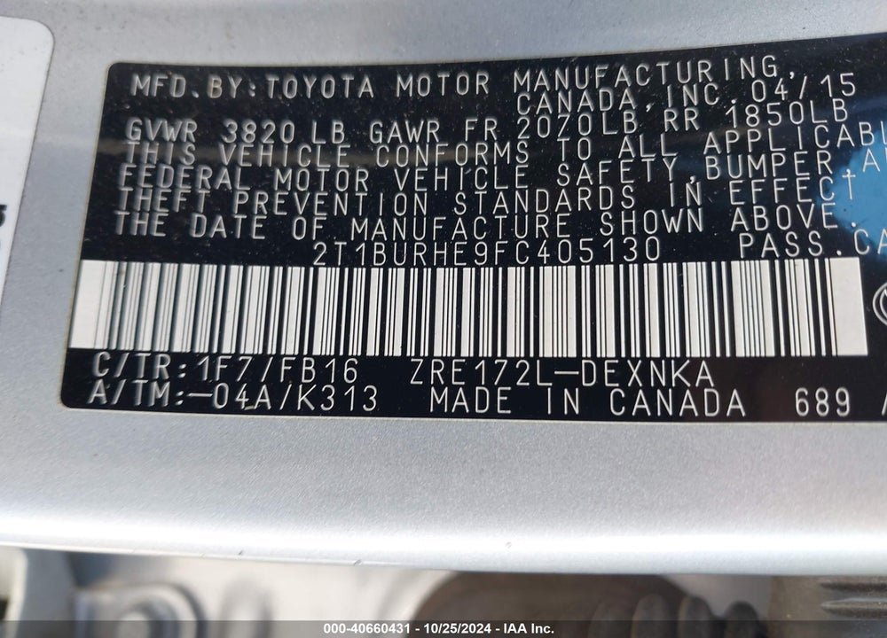 2015 TOYOTA COROLLA VIN: 2T1BURHE9FC405130