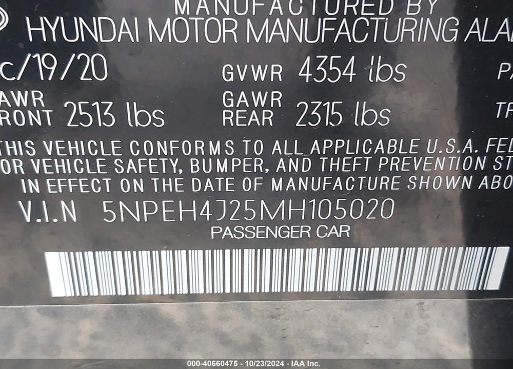 2021 HYUNDAI SONATA LIMITED VIN: 5NPEH4J25MH105020