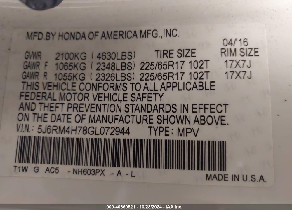 2016 HONDA CR-V EX-L VIN: 5J6RM4H78GL072944