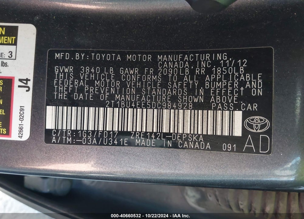 2013 TOYOTA COROLLA S VIN: 2T1BU4EE5DC984928