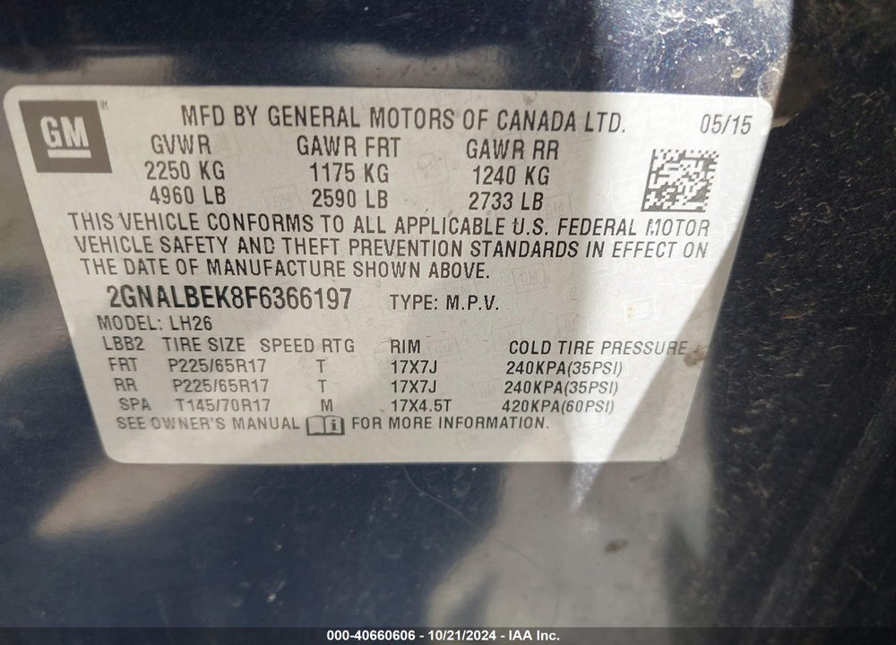 2015 CHEVROLET EQUINOX 1LT VIN: 2GNALBEK8F6366197
