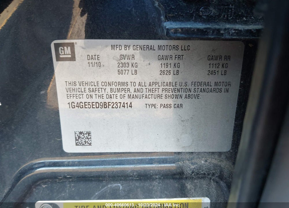 2011 BUICK LACROSSE CXS VIN: 1G4GE5ED9BF237414