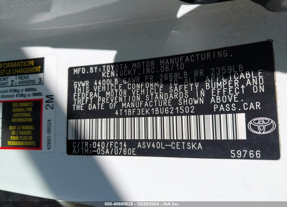 2011 TOYOTA CAMRY SE VIN: 4T1BF3EK1BU621502