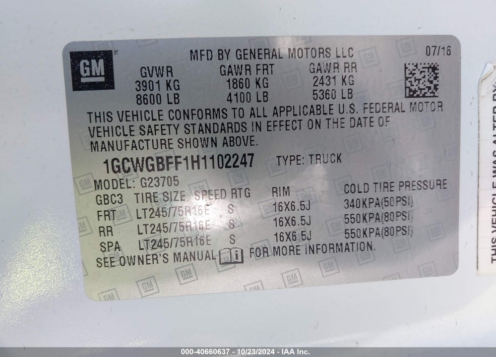 2017 CHEVROLET EXPRESS 2500 WORK VAN VIN: 1GCWGBFF1H1102247
