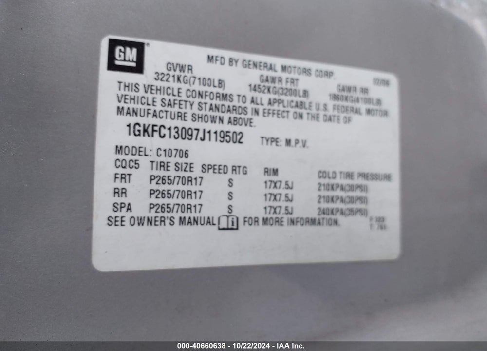 2007 GMC YUKON SLT VIN: 1GKFC13097J119502