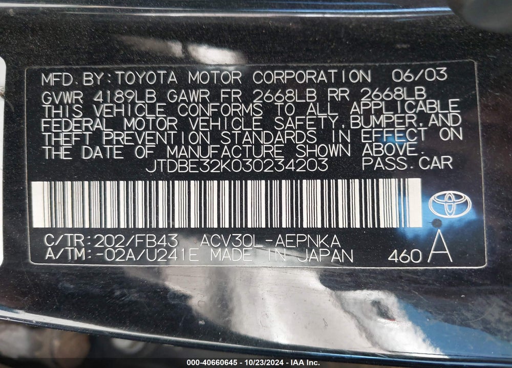 2003 TOYOTA CAMRY LE VIN: JTDBE32K030234203