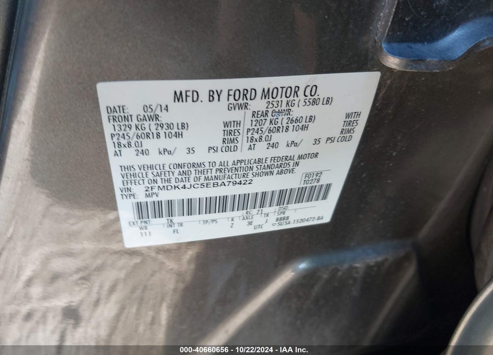 2014 FORD EDGE SEL VIN: 2FMDK4JC5EBA79422