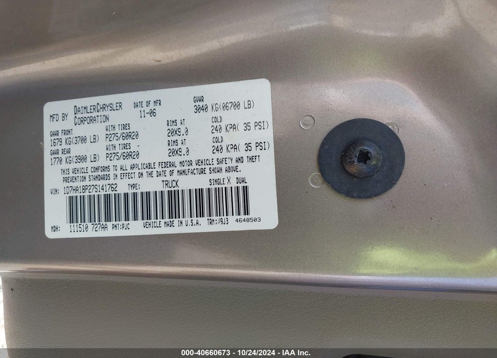 2007 DODGE RAM 1500 SLT VIN: 1D7HA18P27S141762