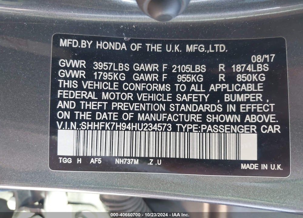 2017 HONDA CIVIC SPORT TOURING VIN: SHHFK7H94HU234573
