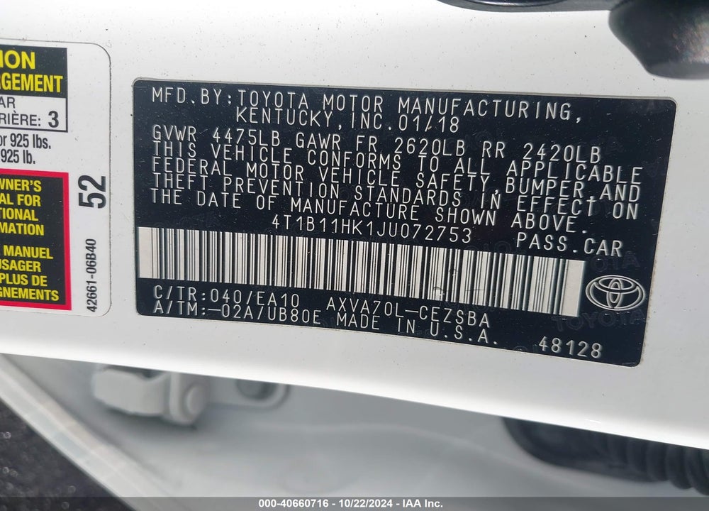 2018 TOYOTA CAMRY SE VIN: 4T1B11HK1JU072753