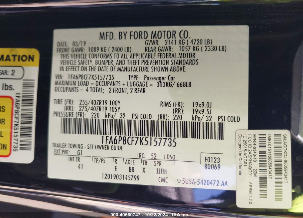 2019 FORD MUSTANG GT PREMIUM VIN: 1FA6P8CF7K5157735