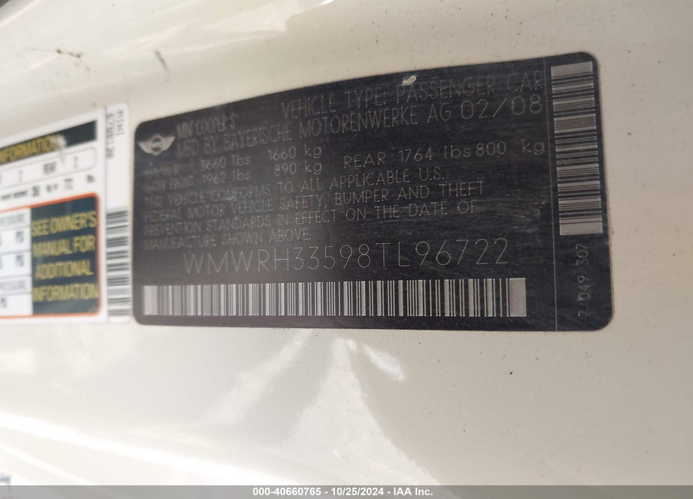 2008 MINI COOPER S VIN: WMWRH33598TL96722