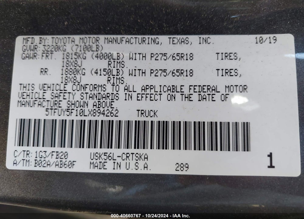 2020 TOYOTA TUNDRA SR5 VIN: 5TFUY5F10LX894262