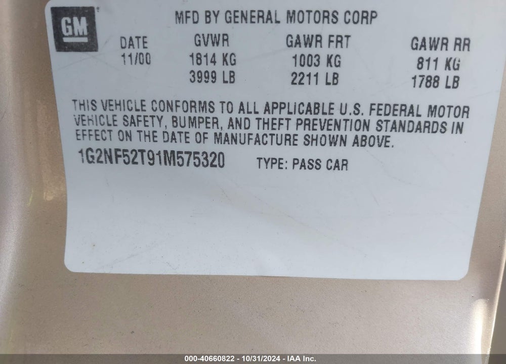 2001 PONTIAC GRAND AM SE1 VIN: 1G2NF52T91M575320