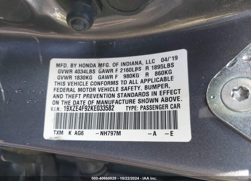 2019 HONDA INSIGHT TOURING VIN: 19XZE4F92KE033582