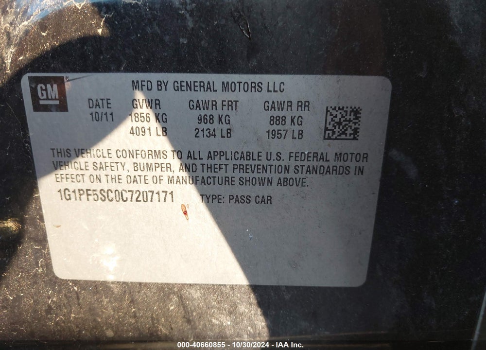 2012 CHEVROLET CRUZE 1LT VIN: 1G1PF5SC0C7207171