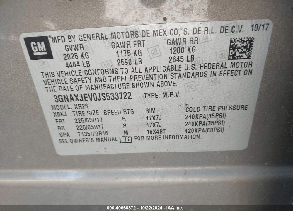2018 CHEVROLET EQUINOX LT VIN: 3GNAXJEV0JS533722