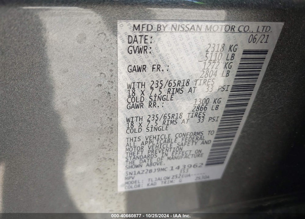 2021 NISSAN MURANO SV FWD VIN: 5N1AZ2BJ9MC143962