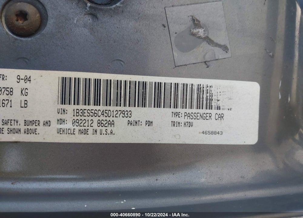 2005 DODGE NEON SXT VIN: 1B3ES56C45D127933