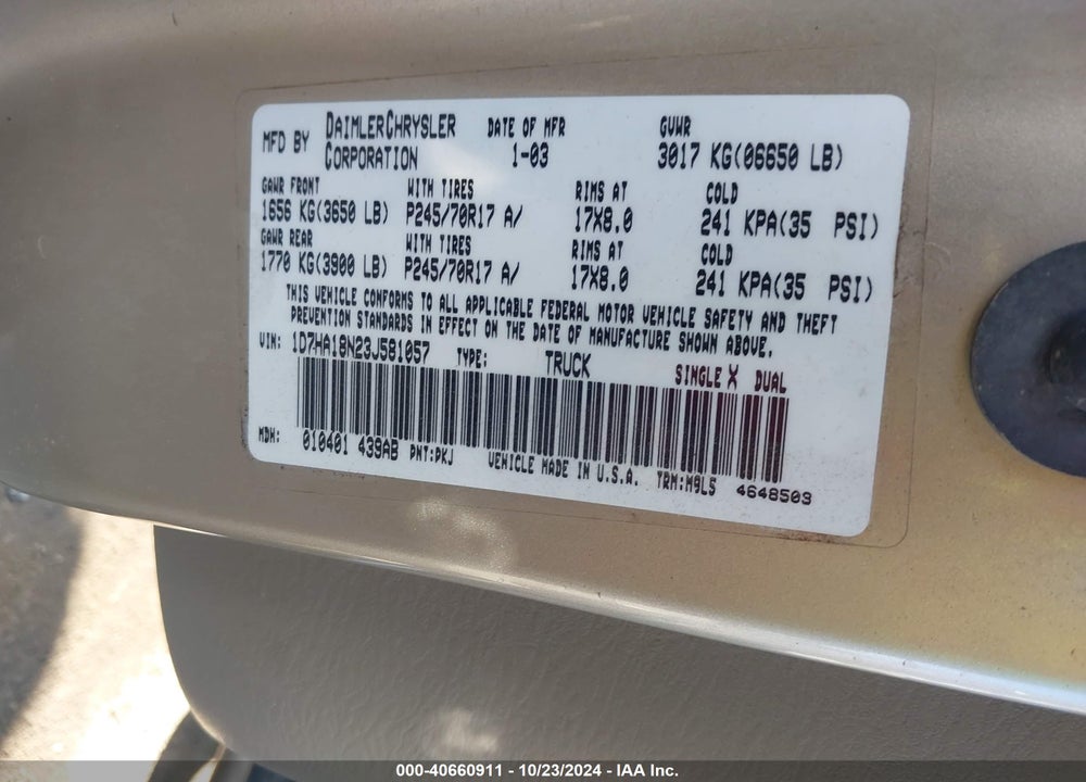 2003 DODGE RAM 1500 SLT/LARAMIE/ST VIN: 1D7HA18N23J581057