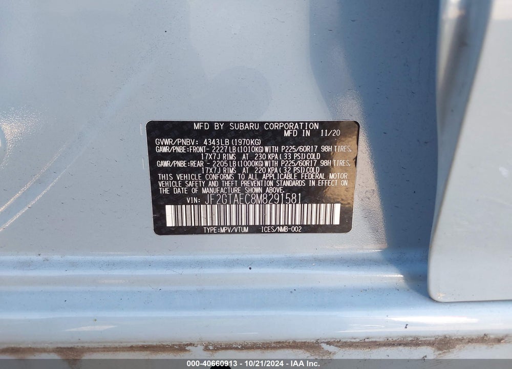 2021 SUBARU CROSSTREK PREMIUM VIN: JF2GTAEC8M8291581