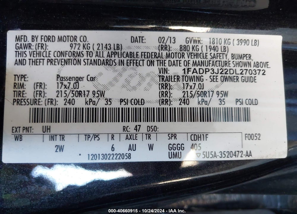 2013 FORD FOCUS TITANIUM VIN: 1FADP3J22DL270372