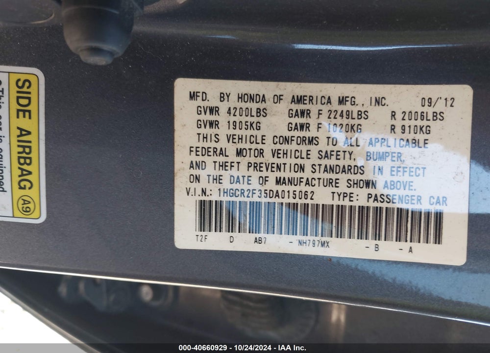 2013 HONDA ACCORD LX VIN: 1HGCR2F35DA015062