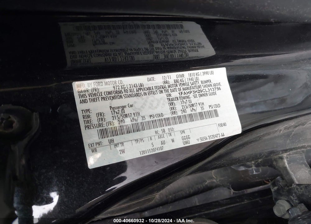 2012 FORD FOCUS SEL VIN: 1FAHP3H29CL313756