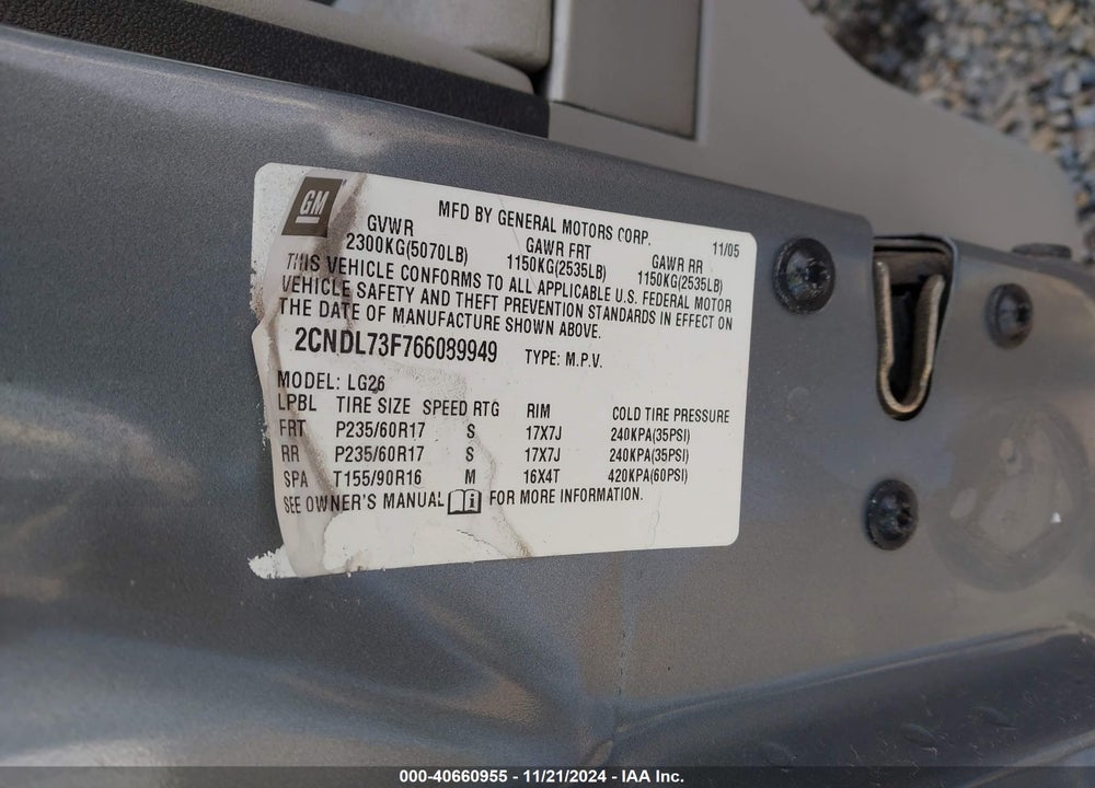 2006 CHEVROLET EQUINOX LT VIN: 2CNDL73F766089949