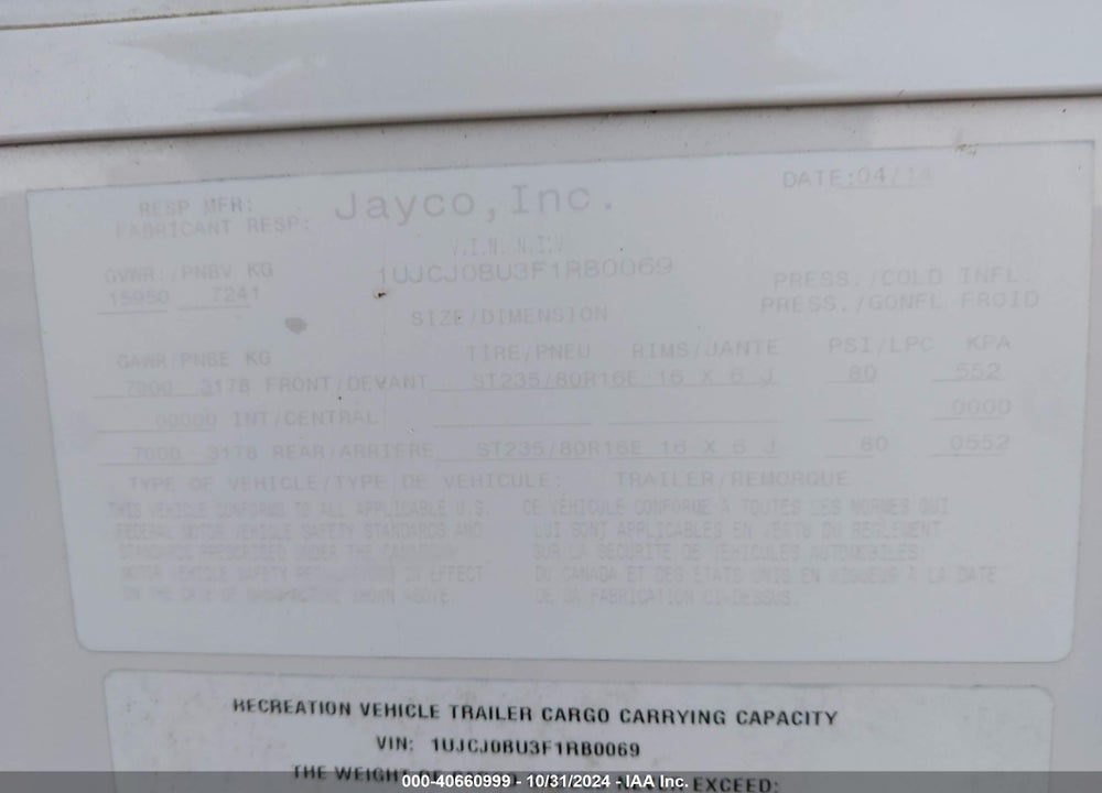 2015 JAYCO CAMPER VIN: 1UJCJ0BU3F1RB0069
