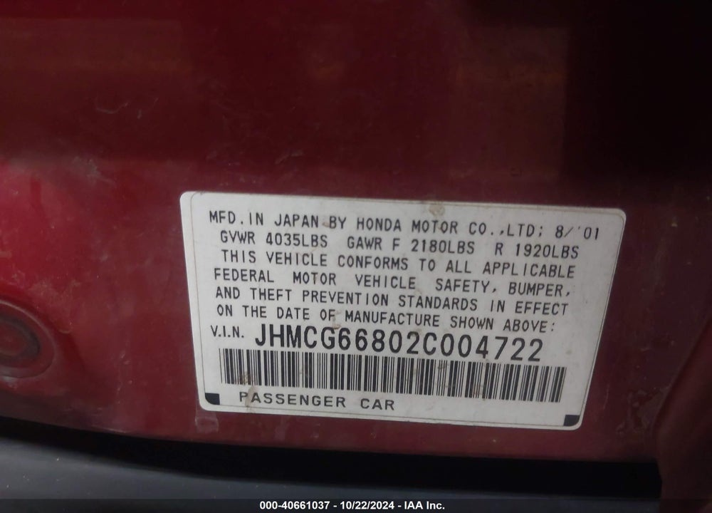 2002 HONDA ACCORD 2.3 EX/2.3 SE VIN: JHMCG66802C004722