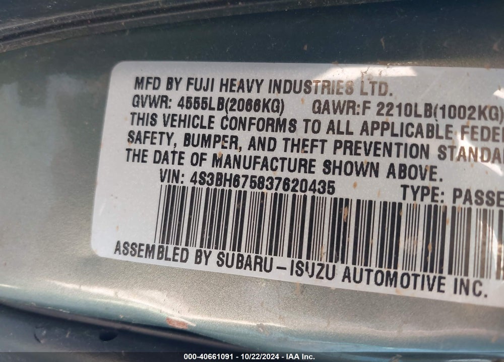 2003 SUBARU OUTBACK VIN: 4S3BH675837620435