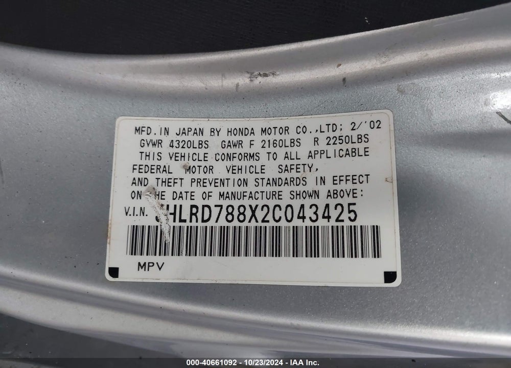 2002 HONDA CR-V EX VIN: JHLRD788X2C043425