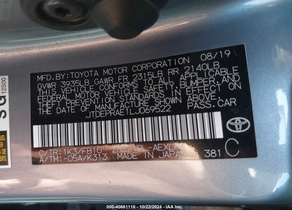 2020 TOYOTA COROLLA LE VIN: JTDEPRAE1LJ069522