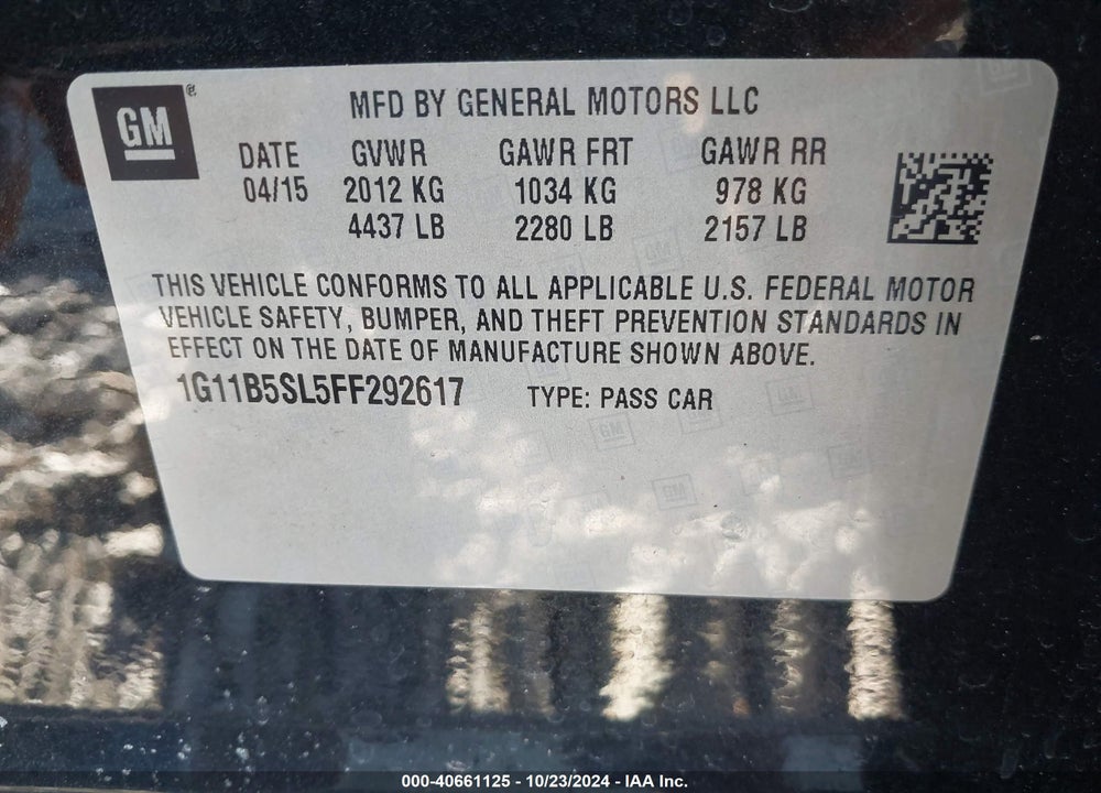 2015 CHEVROLET MALIBU LS VIN: 1G11B5SL5FF292617