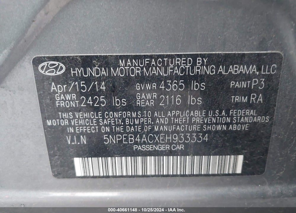 2014 HYUNDAI SONATA GLS VIN: 5NPEB4ACXEH933334