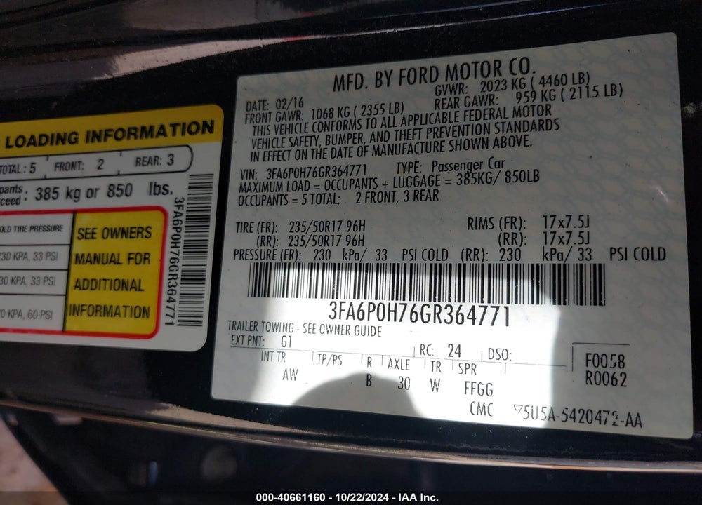 2016 FORD FUSION SE VIN: 3FA6P0H76GR364771